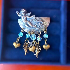 Handmade Crystal Cherubs and Hearts Artisan Brooch - Vintage Susan Richardson